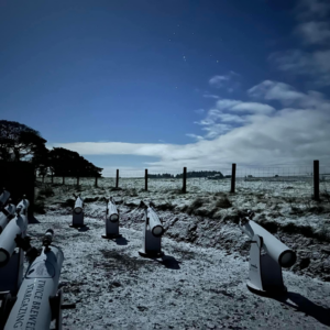 Rows of grey telescopes are pointed at the sky, installed in the ground outside. The sky is bright blue, but a few bright stars can be seen.