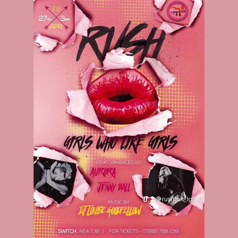 Pink poster for Rush, the lesbian daytime club at Switch nightclub. A pair of pouted red lips come out of the centre of the poster as if tearing through the paper.
