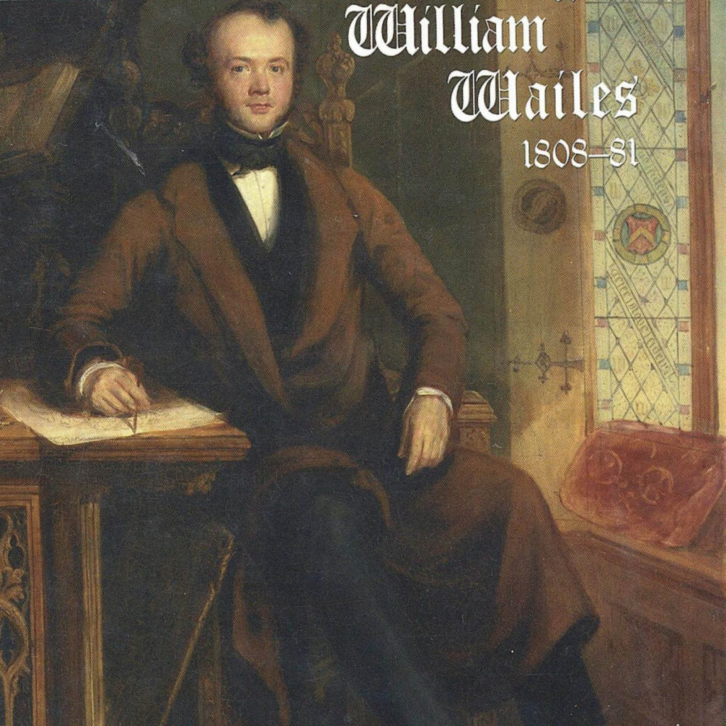 Old painting of William Wailes, the man who bought the Saltwell Estate in Gateshead and developed Saltwell Park. He is depicted in a brown suit and trousers with a black waistcoat and collar underneath. He sits beside a window and leans one hand against an open book, pen in hand. His name is written in white medieval style lettering above him, with the dates 1808 to 1881 beneath it.