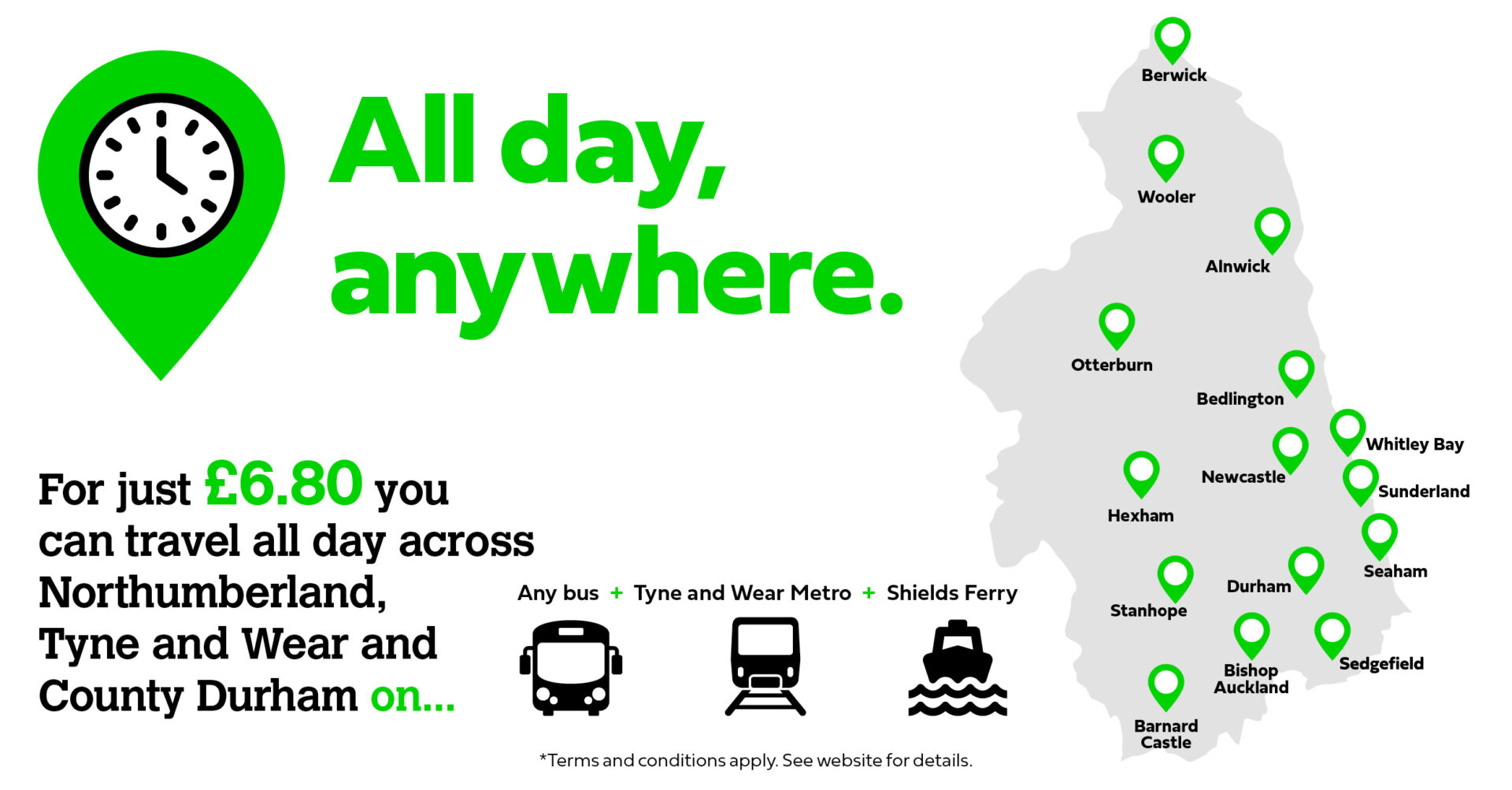 Travel all day anywhere for £6.80 with Transport North East poster