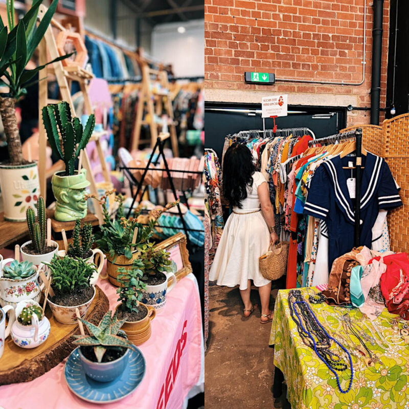 Plants and succulents in an array of quirky pots sit on a pink tablecloth at a flea market stall. Another photo shows a woman in a 50s style white dress browsing the vintage clothes rails.