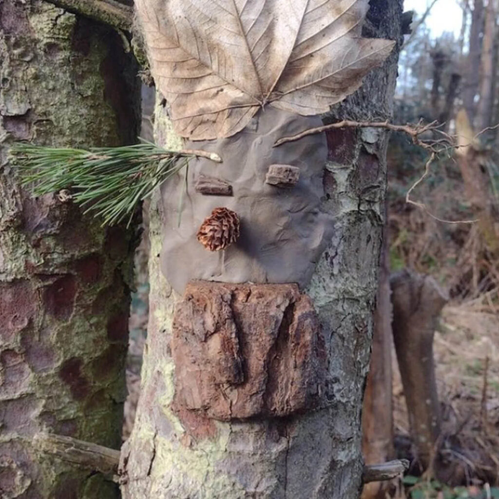 A face made from clay, leaves, twigs and pine cones has been stuck to the bark of a tree at Washington Wetland Centre.
