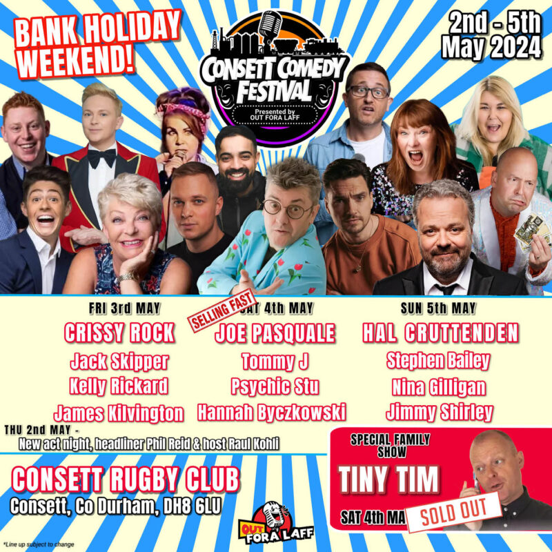 A poster showing the many faces of comedians who will take the stage at Consett Comedy Festival.