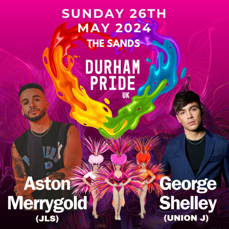 A colourful heart of rainbow paint surrounded the words Durham Pride. On either side of the heart, there is a photo of Aston Merrygold of JLS and George Shelley of Union J. They will be headlining Durham Pride weekend.