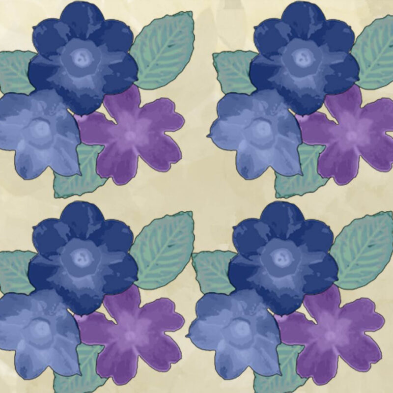 Repeating pattern of blue and purple flowers against green leaves.
