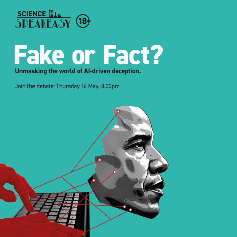 A graphic shows a pair of red hands typing on a grey keyboard. Lines extend from the keyboard, attaching to a grey mask of Barrack Obama's face. Above the graphic, there is white text which asks Fake or Fact?