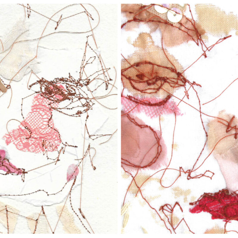 Two stitched portraits side by side. They depict abstract faces and are created using pink, red and brown thread.