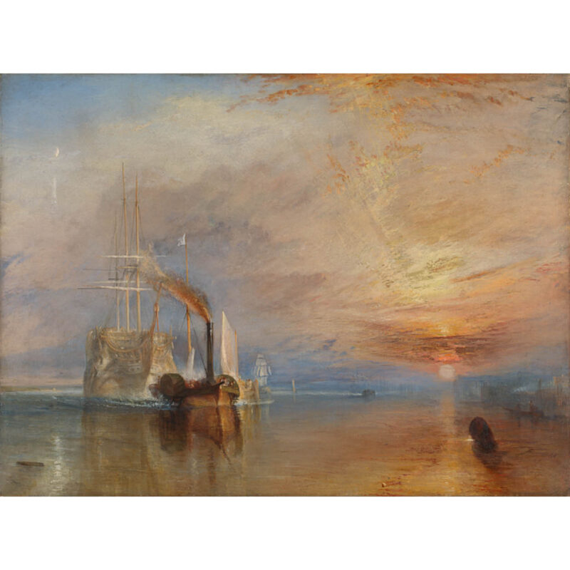 Painting by William Turner called The Fighting Temeraire. It depicts a ship sailing away into a sunset.