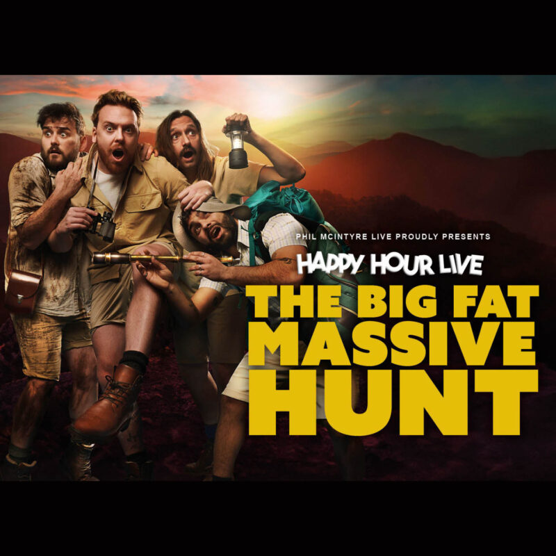 Four men dressed in explorer outfits creep exaggeratedly through a mountainous landscape. They all have distorted looks of terror or confusion and carry torches, binoculars and telescopes. Beside them, bold yellow text says: The Big Fat Massive Hunt.