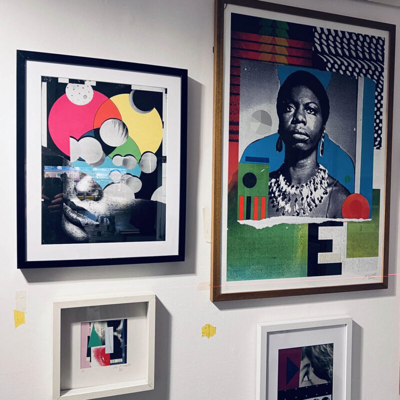 Various prints featuring colourful collages and letters cover a white wall. They are pieces by the artist Jimmy Turrell, currently on display at BALTIC.