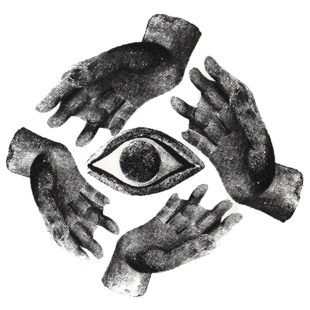 A charcoal drawing of an eye sits at the centre of a white background. Four charcoal hands surround the eye, as if embracing it. This is a piece by artist Mani Kambo called Hands Eyes.
