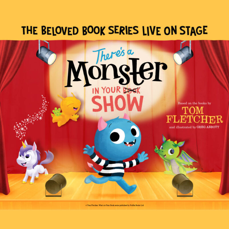 A blue monster, green dragon, purple unicorn and orange alien leap across a yellow stage against a red curtain backdrop. The image is an illustration in the style of children's book There's a Monster in your Book.