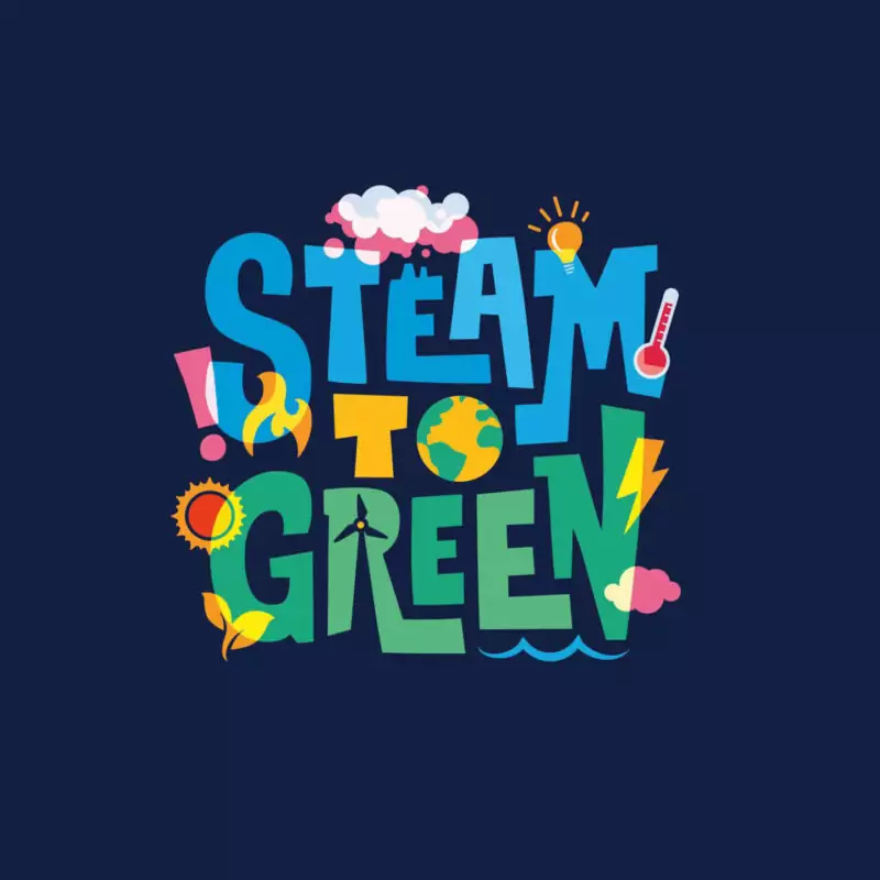 The words 'Steam to Green' are overlaid on a dark blue background in blue, yellow and green. Little icons representing energy surround the letters, including a little sun, clouds, leaves and more.