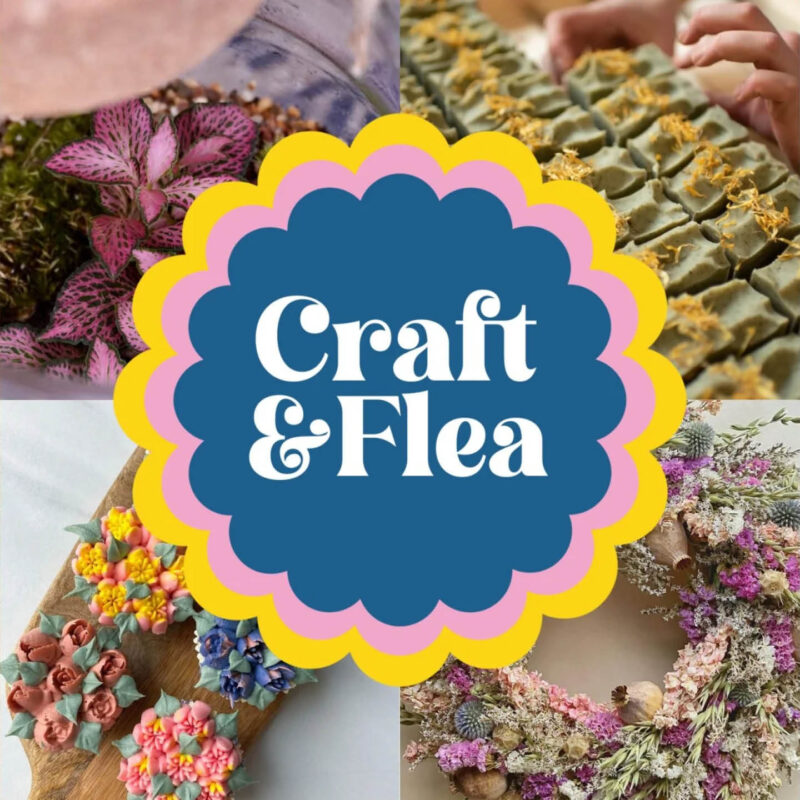 A blue flower shape displays the words Craft and Flea in white. Behind it are four images depicting items sold at the Craft and Flea Marketing, including a terrarium, soap, a flower wreath and marzipan flowers.