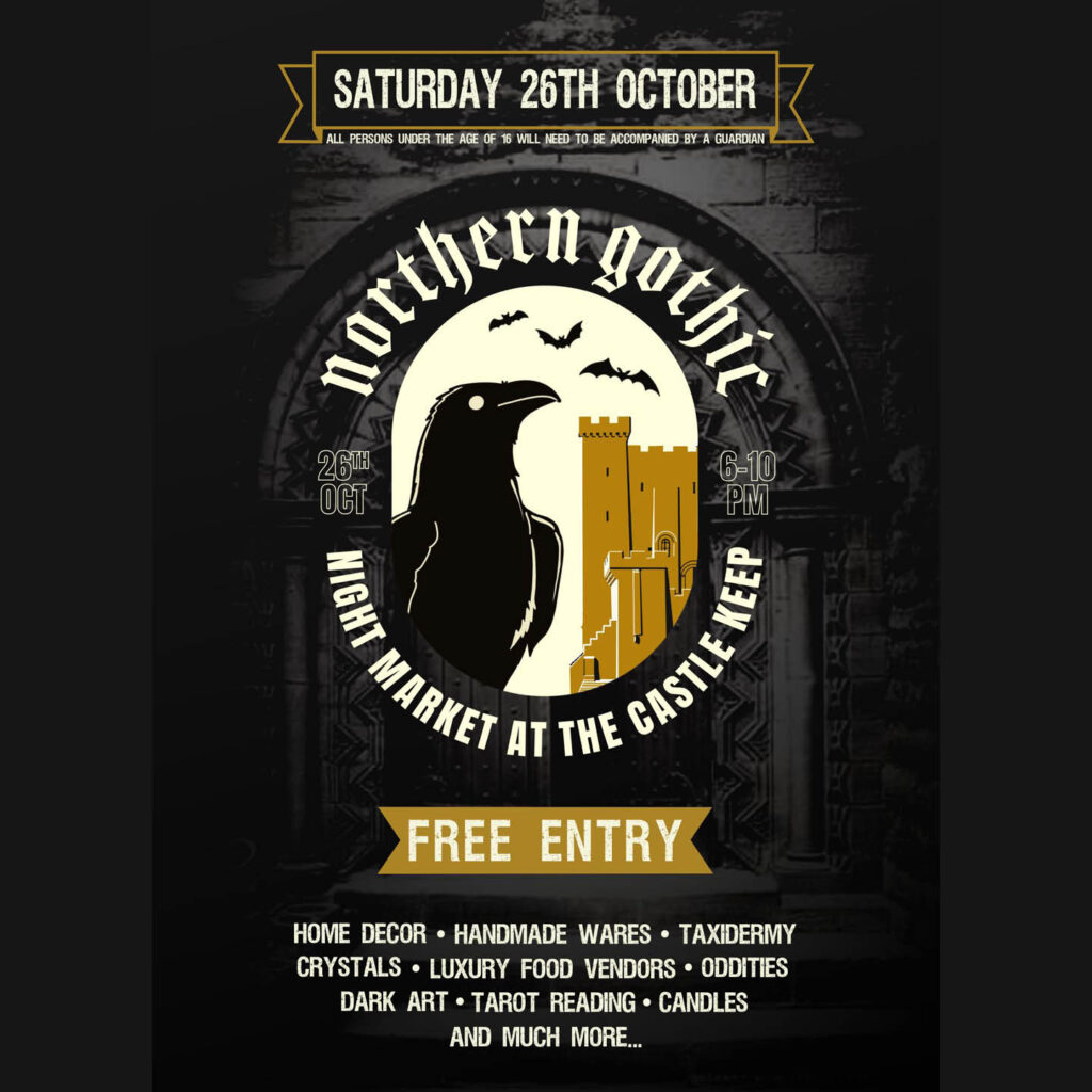 A digital drawing of a crow looking out at a castle. It is a poster for the Halloween Night Market at Newcastle Castle, hosted by Northern Gothic.