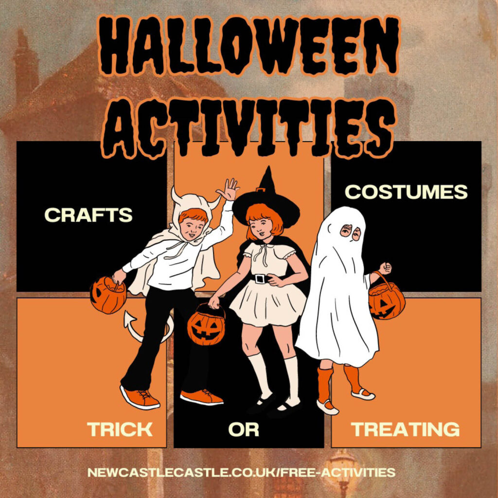 Three illustrated children are dressed as a witch, ghost and monster. They hold buckets shaped like pumpkins. Above them in dripping black and orange lettering are the words Halloween Activities. In the background, a black and orange checkerboard features the words Crafts, Costumes and Trick or Treat.
