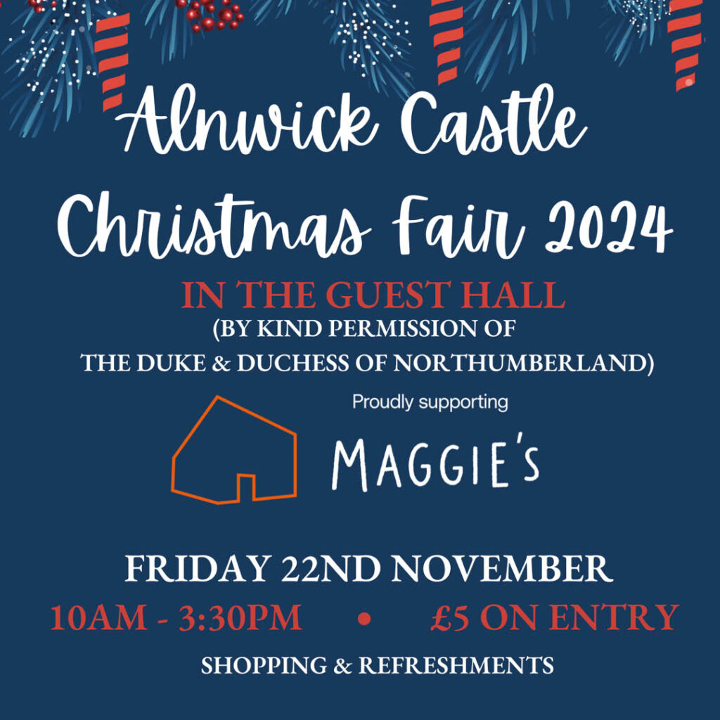 Dark blue background with a mistletoe border. It is overlaid with white text. The heading says Alnwick Christmas Fair 2024. This is followed by more details about the event.