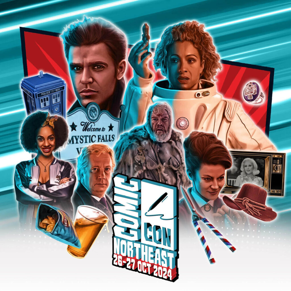 Characters from shows and movies including Dr Who, Harry Potter, Vampire Diaries and Game of Thrones are displayed in a comic book illustration style. Below them is the Comic Con North East logo.