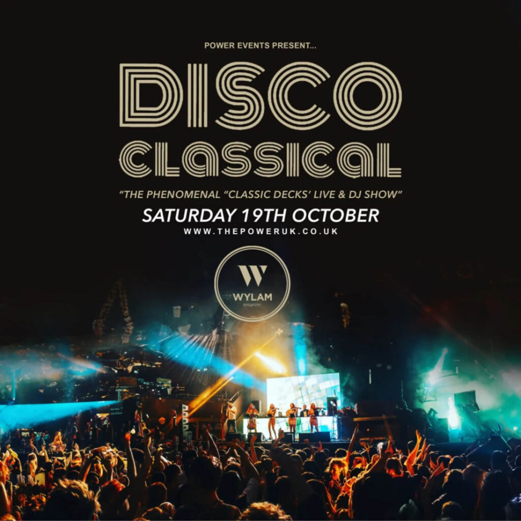 A crowd of people face a stage where violinists play illuminated by blue strobe lights. Above this image, retro text says Disco Classical, followed by more details of the event at Wylam Brewery.