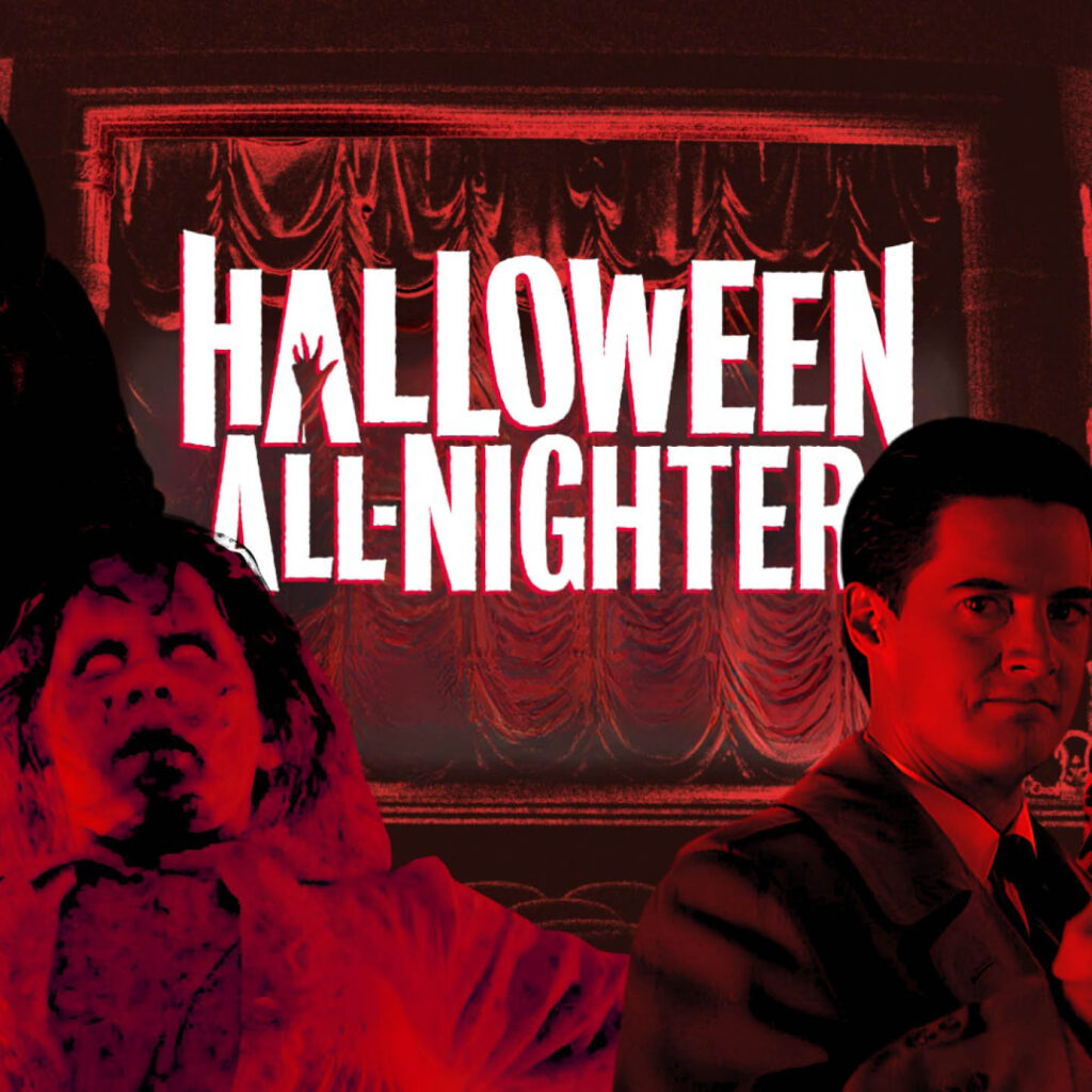 A red image featuring the possessed girl from The Exorcist film. Creepy white text says Halloween All Nighter.