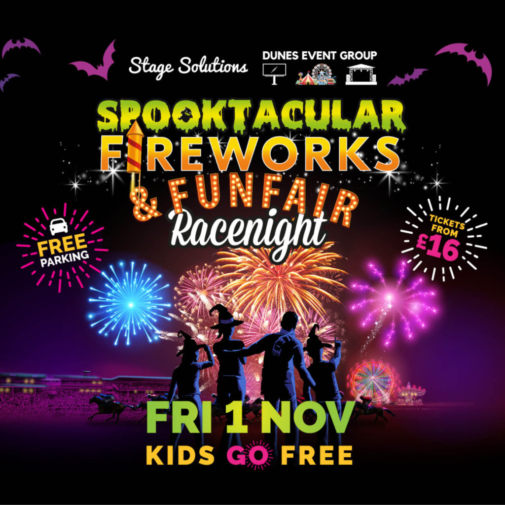 People wearing witches hats are silhouetted against colourful fireworks. Bright orange and green lettering says: Spooktacular Fireworks and funfair race night. The poster provides more details about the event at Newcastle Racecourse.