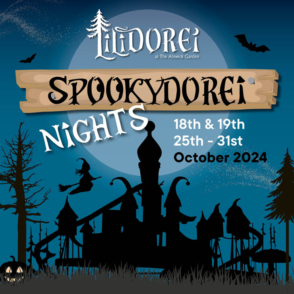 The turrets and trees of Lilidorei are silhouetted against a dark blue sky and moon. A wooden plank overlays this background, carved with the words Spookydorei.