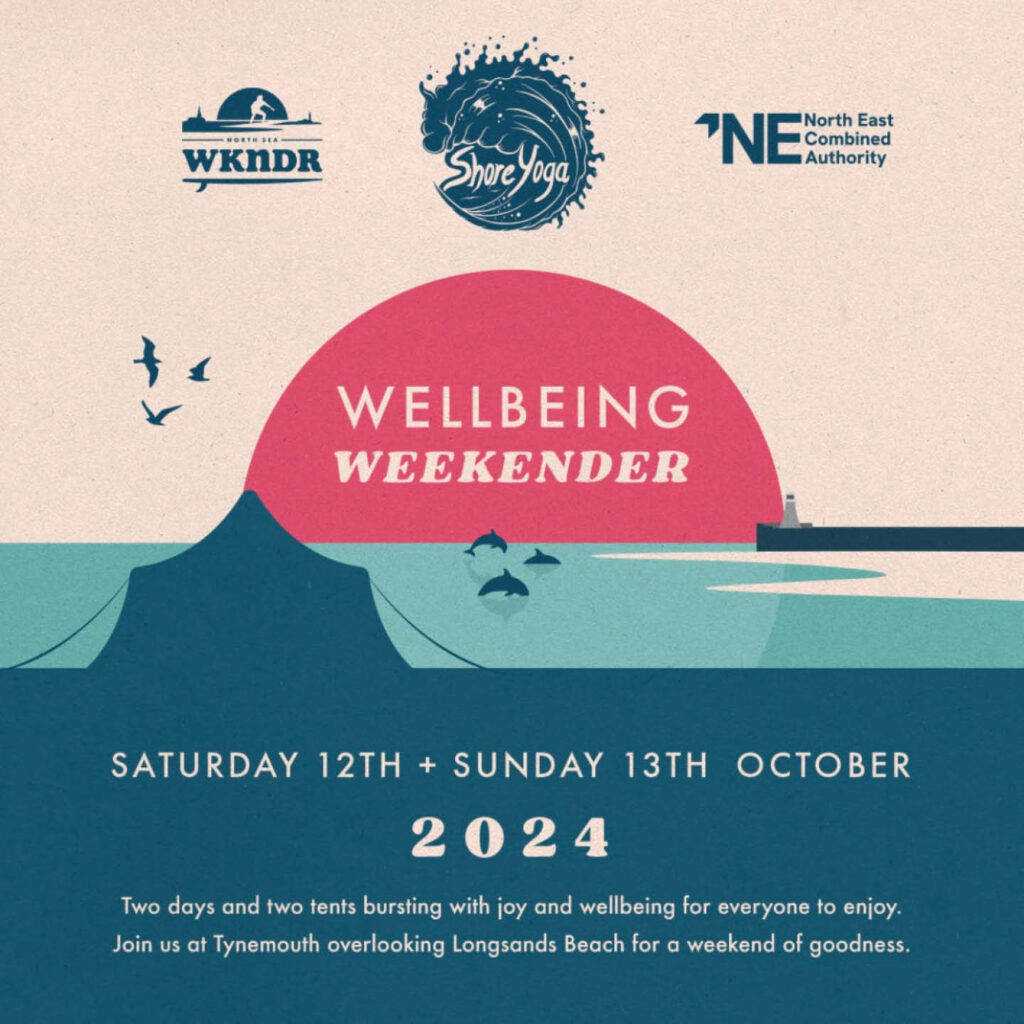 Poster for the wellbeing weekender in Tynemouth. The pale pink background features a red semi circle as a setting sun and a blue strip for the sea. White text provides details of the event.