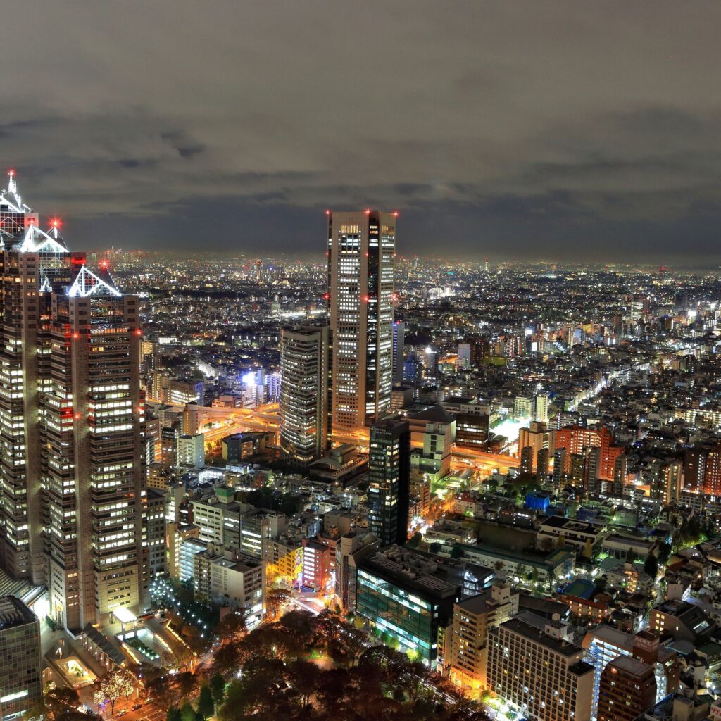 The Toyko syline at night is light up and stretches as far as the eye can see