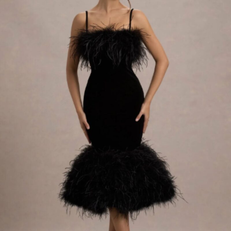 Club L London - Black Velvet Feather Trim Midi Dress - £395.00