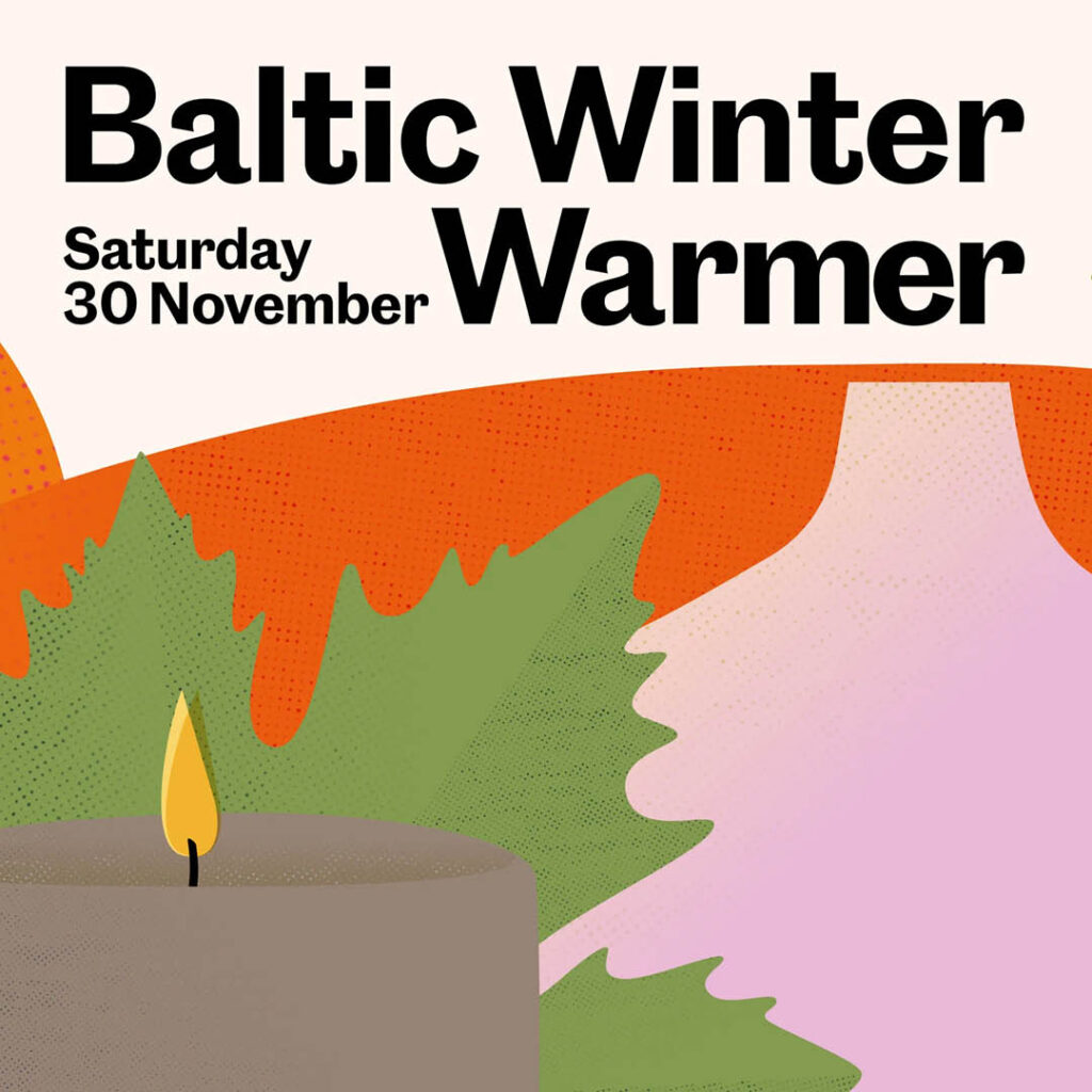 A digital drawing of a candle against a green leaf. Above it in black are the words: Baltic Winter Warmer, Saturday 30th November.