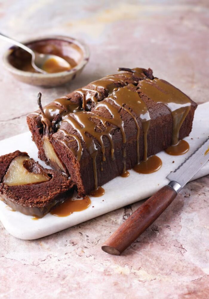 Toffee pear and chocolate loaf cake