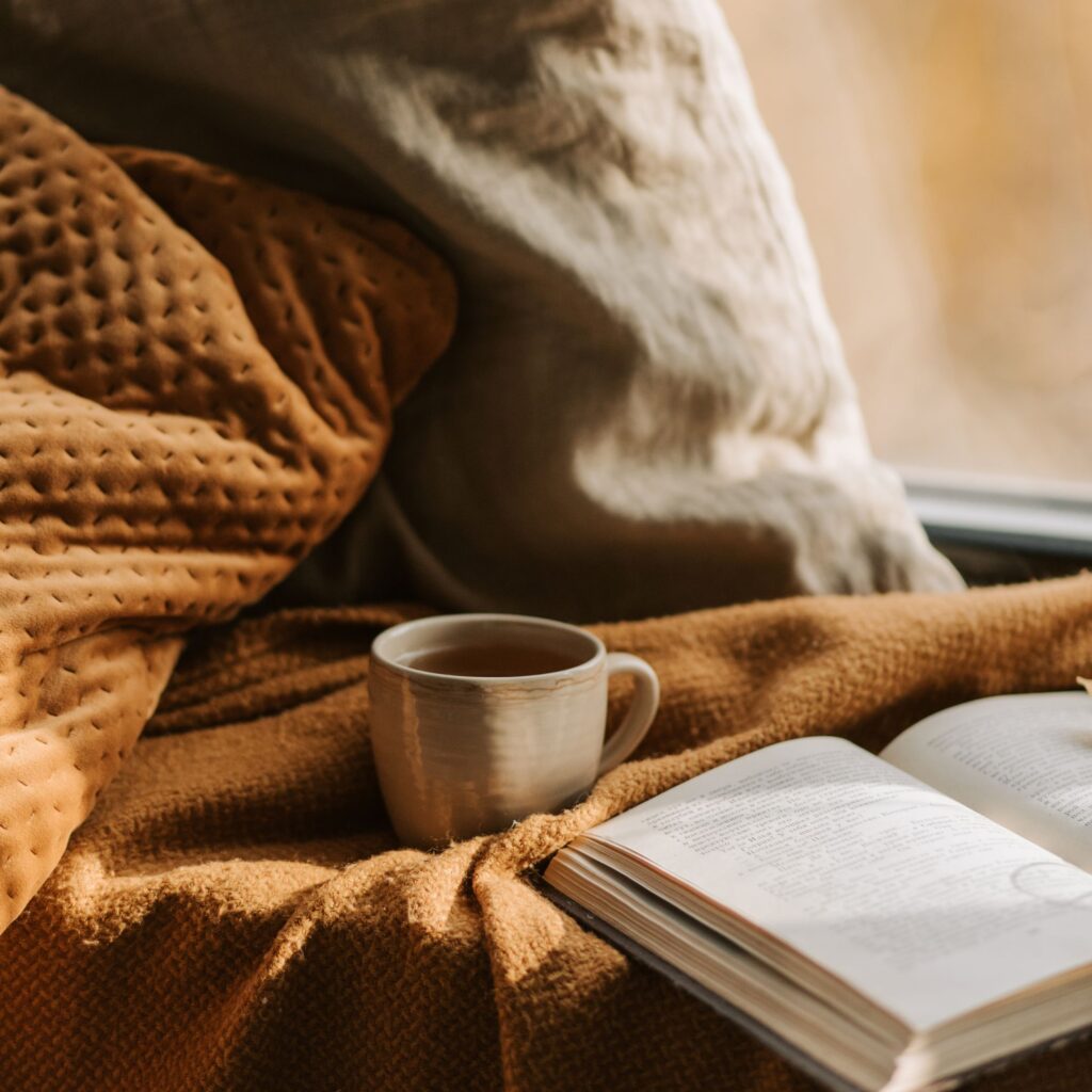 A warm blanket and comfortable pillows are propped up with a spot to sit and drink a cup of tea. A book lays open ready to be read.