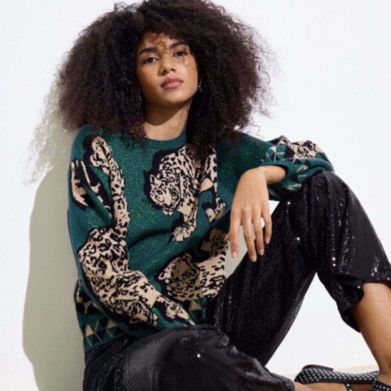 Oliver Bonas – Green Sparkly Leopard Jumper - £60.00