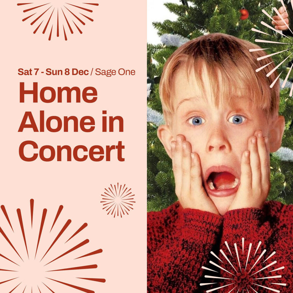 Kevin from Home Alone open his mouth in a scream and presses both hands to his cheeks. Red text beside this image says: Home Alone in Concert.