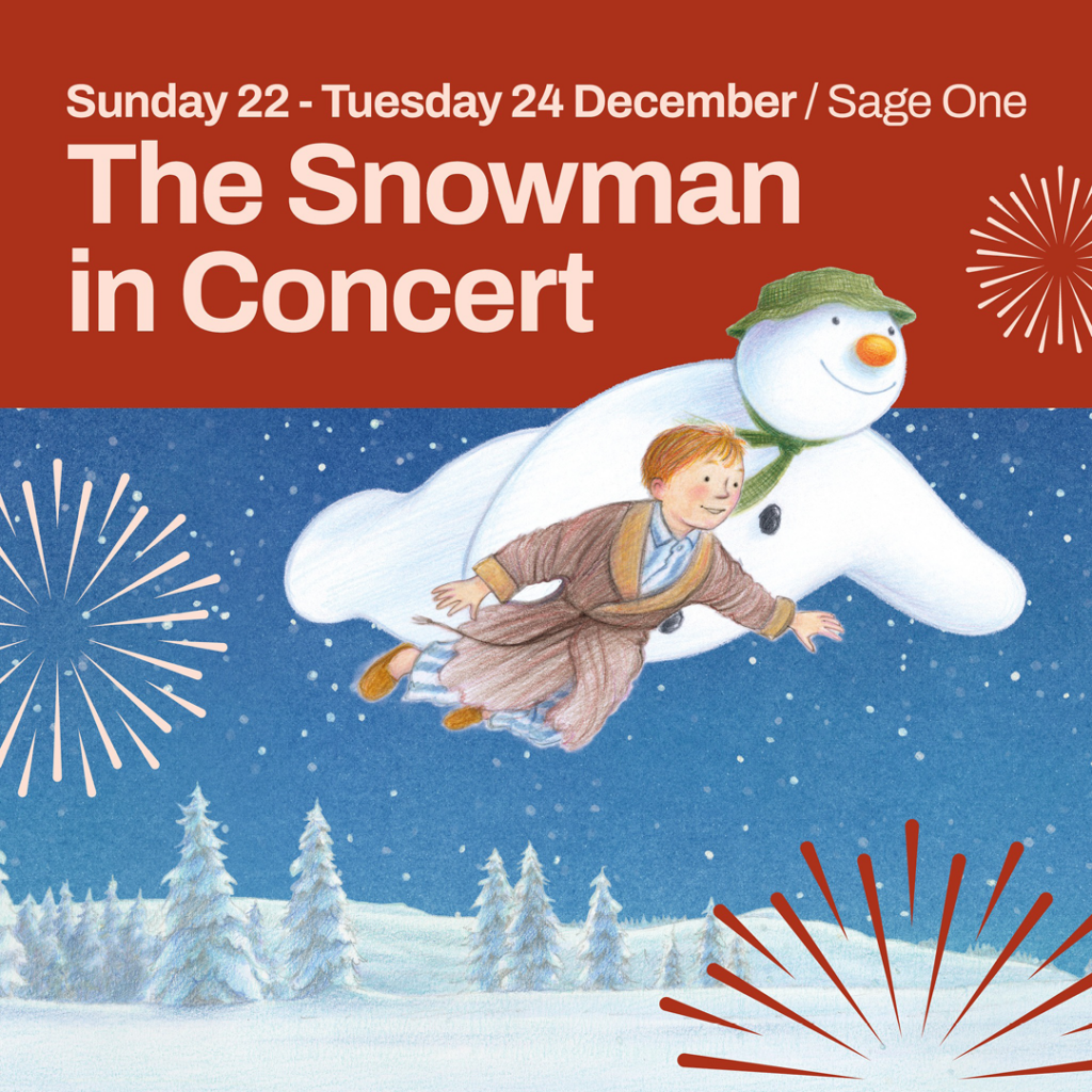 An illustration of the iconic snowman and the little boy flying above snowy fields beneath a starry sky. Above this image, pink text says: The Snowman in Concert.