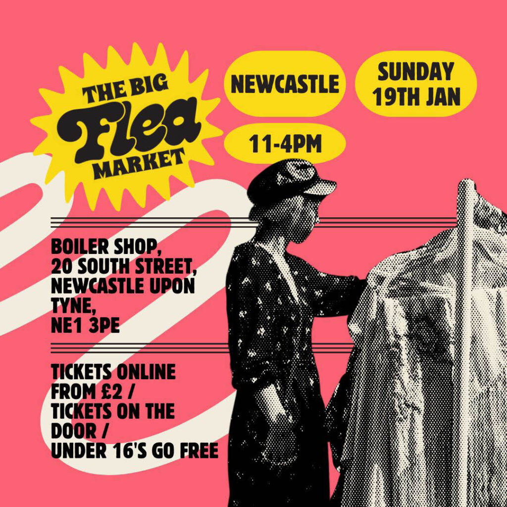 Coral pink poster featuring a black and white woman browsing a clothes rail. Text over the top provides details of the Big Flea Market in Newcastle.