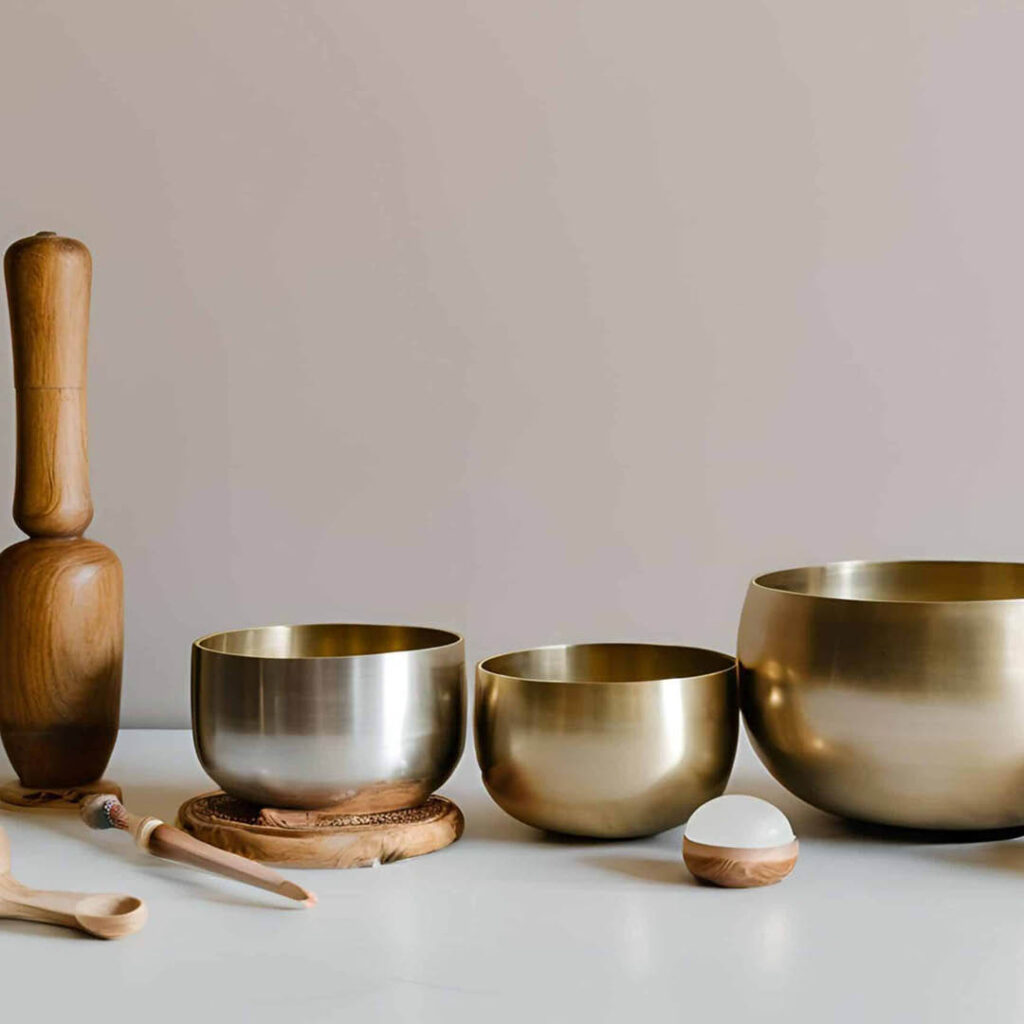 Three gold metal singing bowls of different sizes are lined up on a white surface. There are also wooden batons and sticks for creating sounds on the bowls.