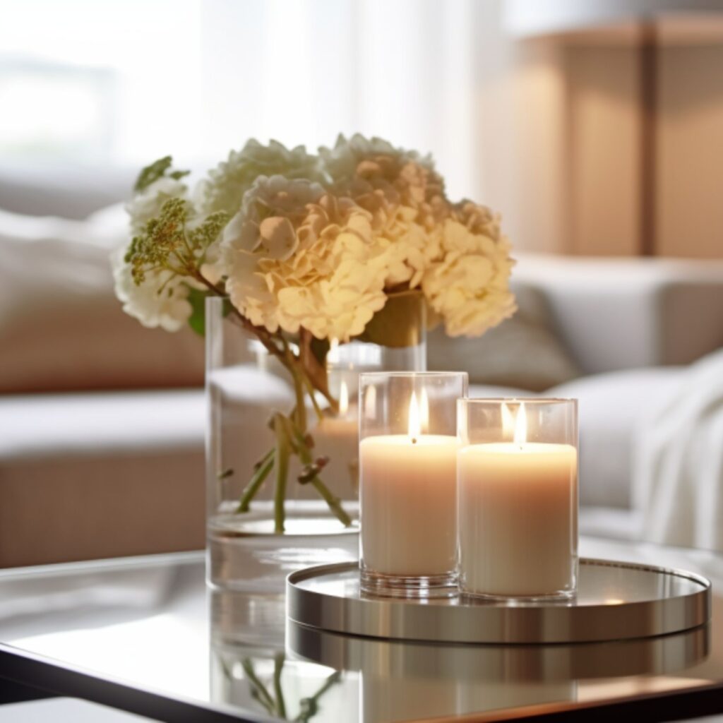 ON a clean coffee table a vase of fresh flowers is next to two white candles burning