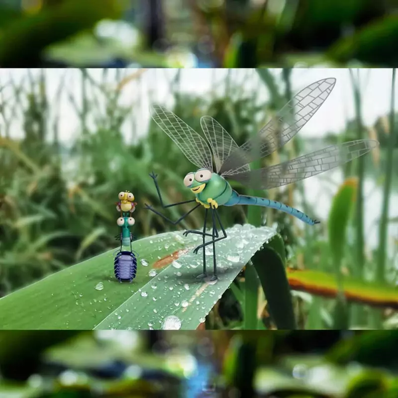An animated dragonfly smiles as he points to his friends, who are stacked on each other's shoulders: a purple woodlouse, a green larvae and a yellow fly. They are creatures in the Aardman Lloyd the Flies activity adventure and Washington Wetland Centre.