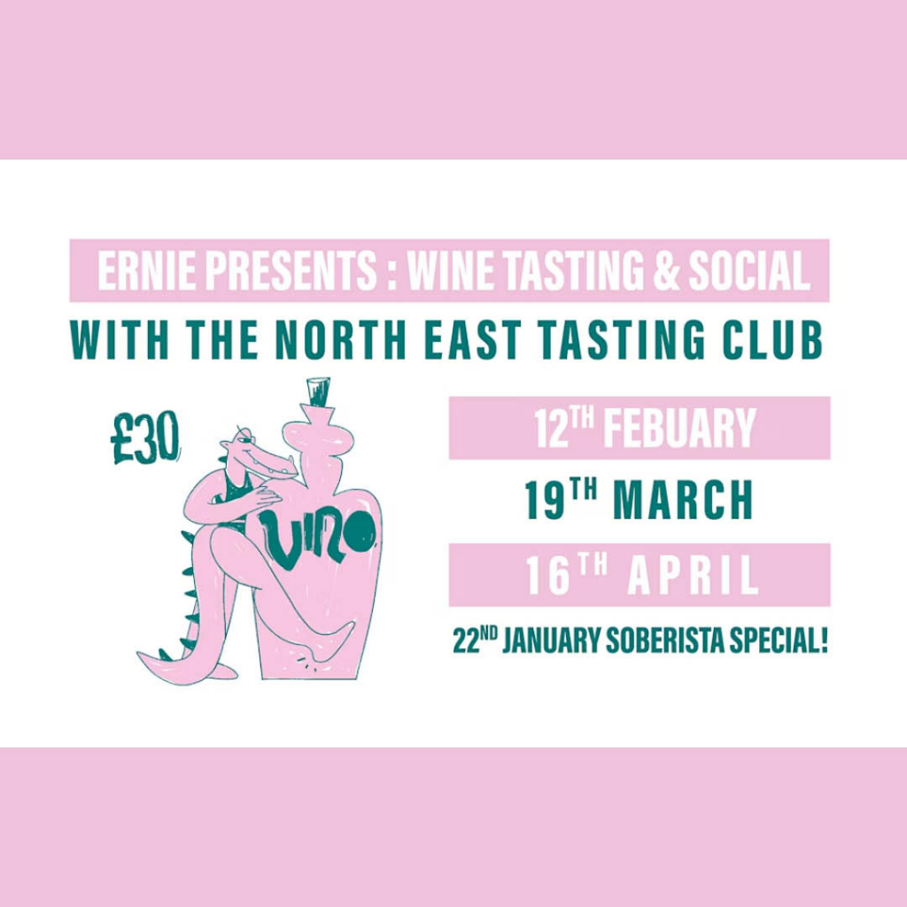An abstract pink and green pencil drawing of a crocodile straddling a bottle printed with the word Vino. At the top of the graphic on a pink banner, white text says: Ernie Presents: Wine Tasting and Social.