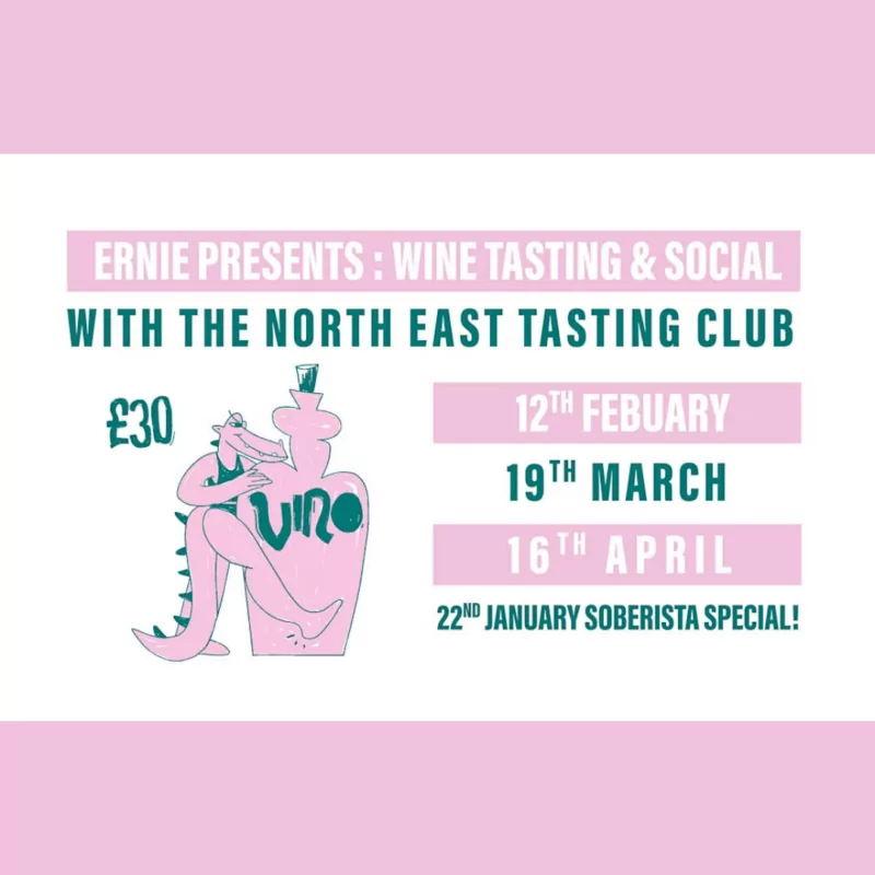 An abstract pink and green pencil drawing of a crocodile straddling a bottle printed with the word Vino. At the top of the graphic on a pink banner, white text says: Ernie Presents: Wine Tasting and Social.