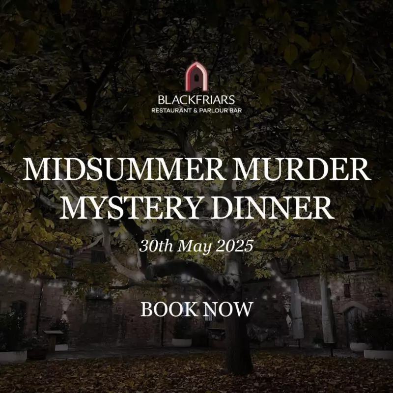 A darkened image of the Cloister Garden trees at Blackfriar's Restaurant. White text overlaying the image says: Midsummer Murder Mystery Dinner.