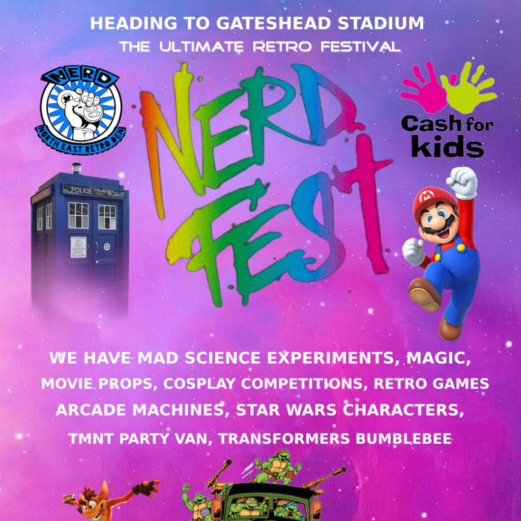 A purple starry background features a picture of a Tardis, Mario, Teenage Mutant Ninja Turtles and more retro references. At the centre in rainbow, graffiti style font are the words Nerd Fest.