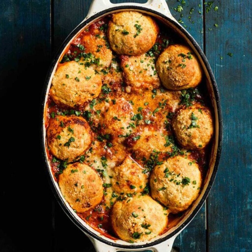Pesto chicken stew with cheesy dumplings