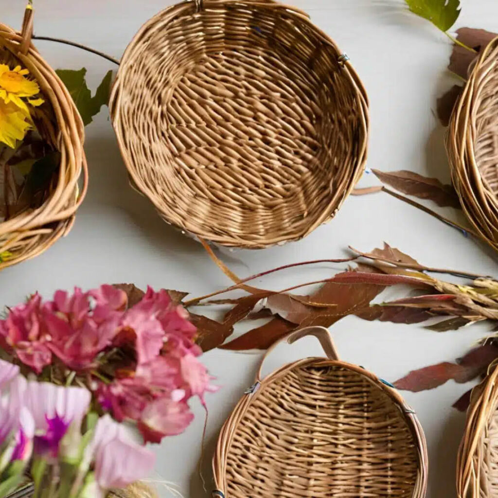 Woven foraging baskets sit on a white table. Pink flowers lie between them.