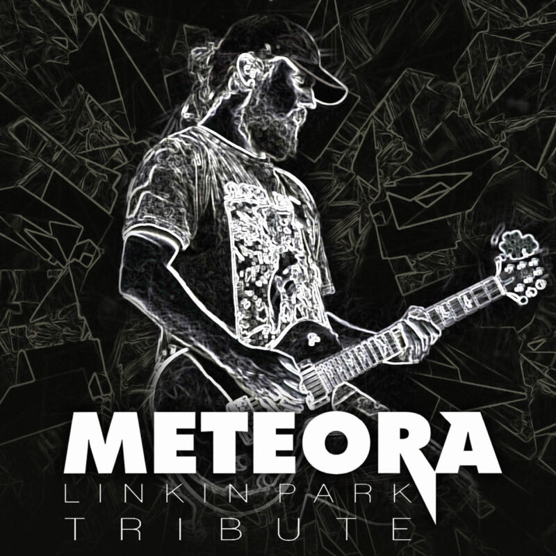 White outline of a men wearing a cap playing a guitar. Bold white words below him say: Meteora, Linkin Park Tribute.