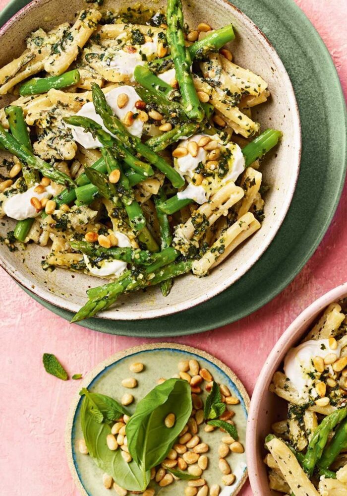Asparagus pesto pasta with mint and ricotta