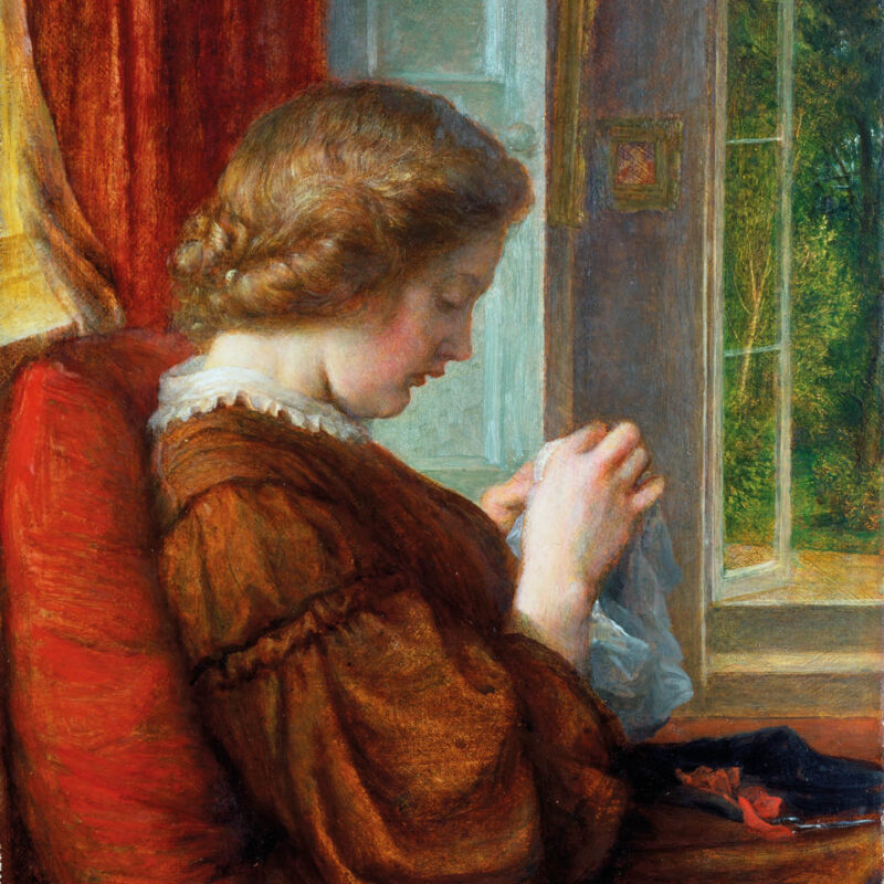 Painting of a young woman in a red dress sitting by a window overlooking a garden. She looks down in concentration as she embroiders or sews.