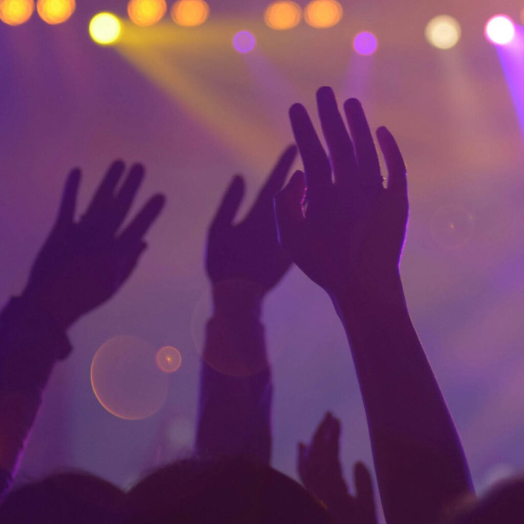 Silhouettes of arms raised in the air at a disco.