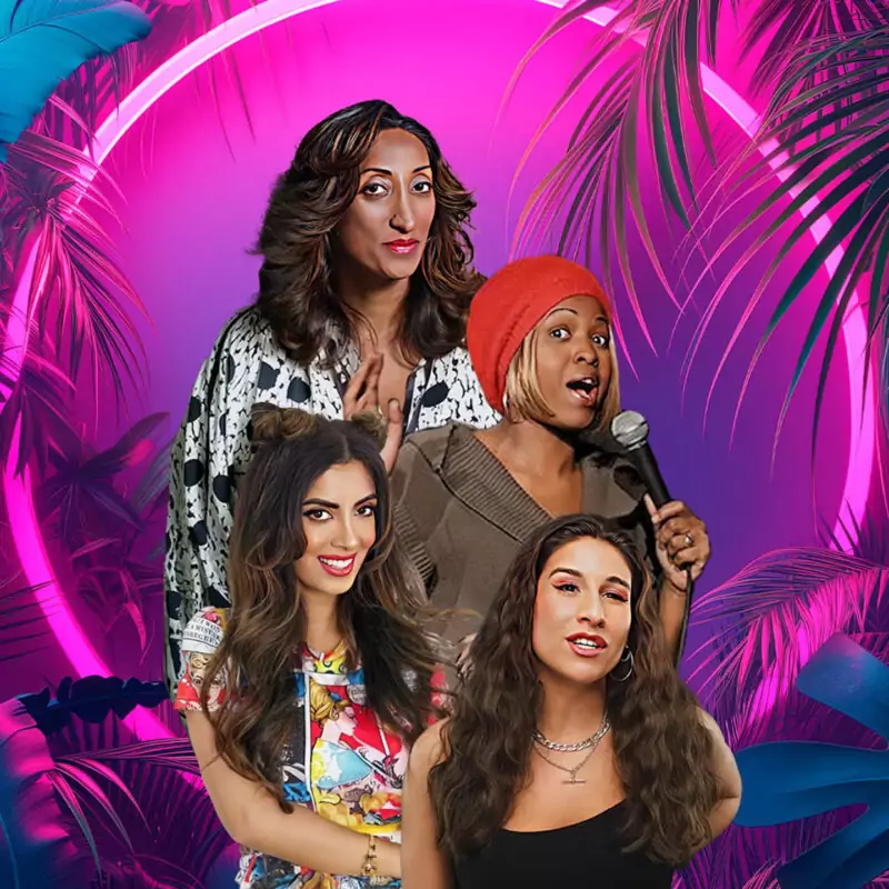 Cutouts of Noreen Khan, Annette Fagon, Louise Young and Shazia Mirza against a neon purple background with palm fronds.